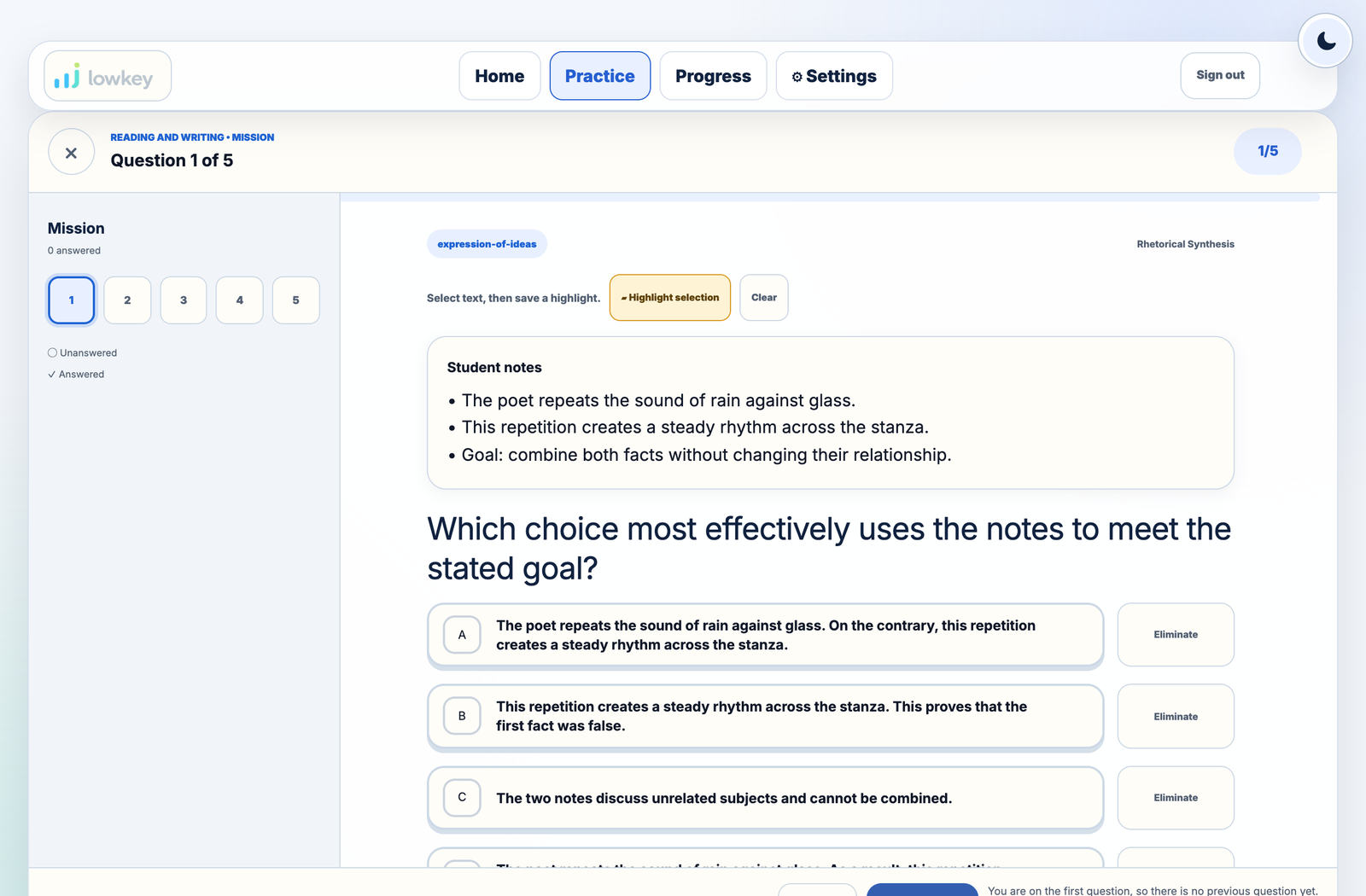 LowKey Prep practice question with mission progress and answer choices